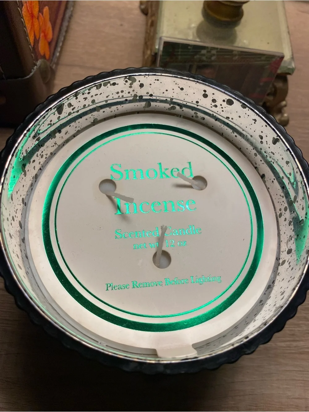 Smoked Incense Scented Candle 12 oz Green Speckled Cut Glass Jar 3-Wick